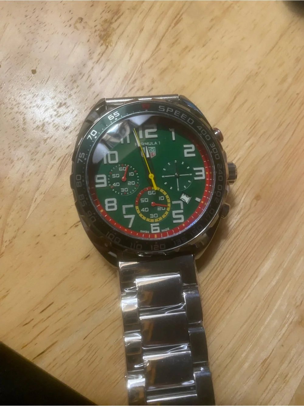 NewTag Heuer Green Dial Stainless Steel Men's Chronograph Watch with Yellow Hand